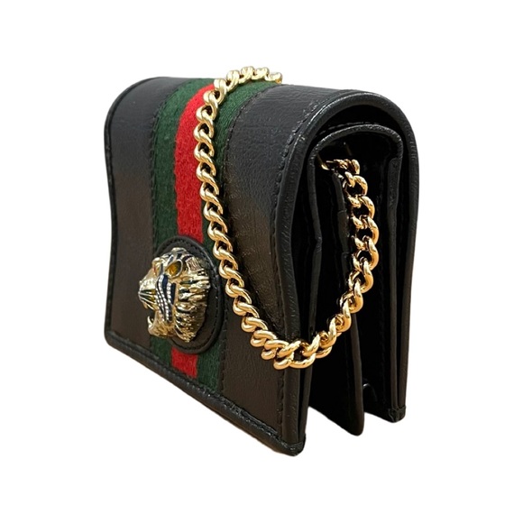 ❌sold❌Gucci Feline Head Crystal Web Leather Mini Chain Wallet - Picture 3 of 6